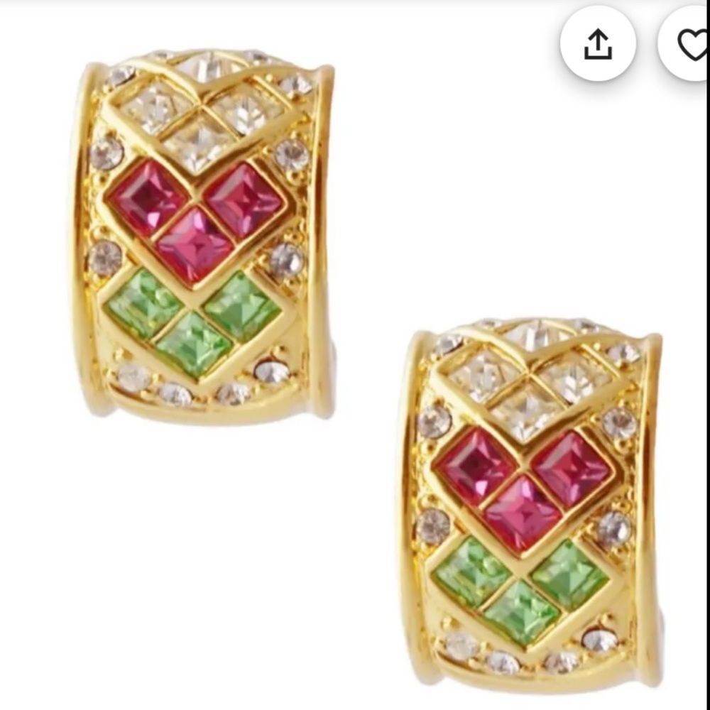 Joan Rivers Elegant Signed Half Hoop Clip On Gold Earrings w/Swarovski Crystals